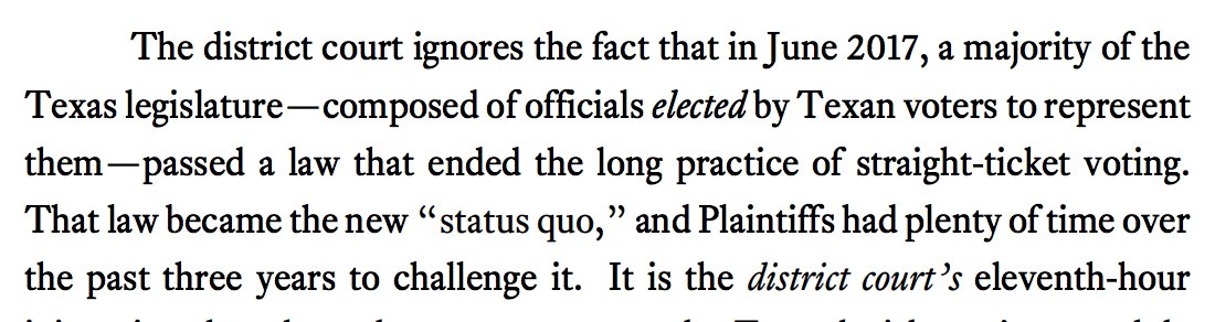 5th Circuit, rejecting a district court judgment that put on hold a new Texas law that eliminated straight ticket voting. 5/ http://www.ca5.uscourts.gov/opinions/pub/20/20-40643-CV0.pdf