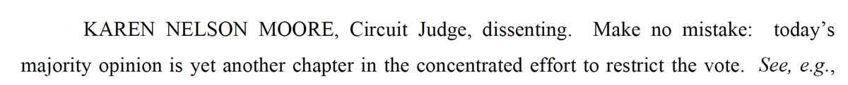 6th Cir., refusing to invalidate Tennessee’s absentee balloting rules on procedural grounds, which Judge Moore noted in dissent was just a shield to defer to the state. 7/ https://www.dropbox.com/s/gh34kduc5zf6zdp/Memphis%20A%20Phillip%20Randolph%20v.%20Hargett--6th%20Cir%20Tenn%20absentee%20ballot%20rules.pdf?dl=0