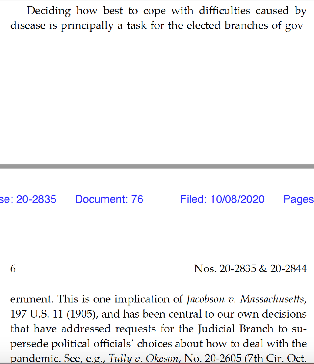 7th Circuit, reversing a district court decision that had extended various deadlines for registration and absentee ballot delivery in Wisconsin. 8/ https://www.dropbox.com/s/vr3mfh6y34taa5c/DNC%20v.%20Bostelman--7th%20Cir%20Wisconsin%20absentee.pdf?dl=0