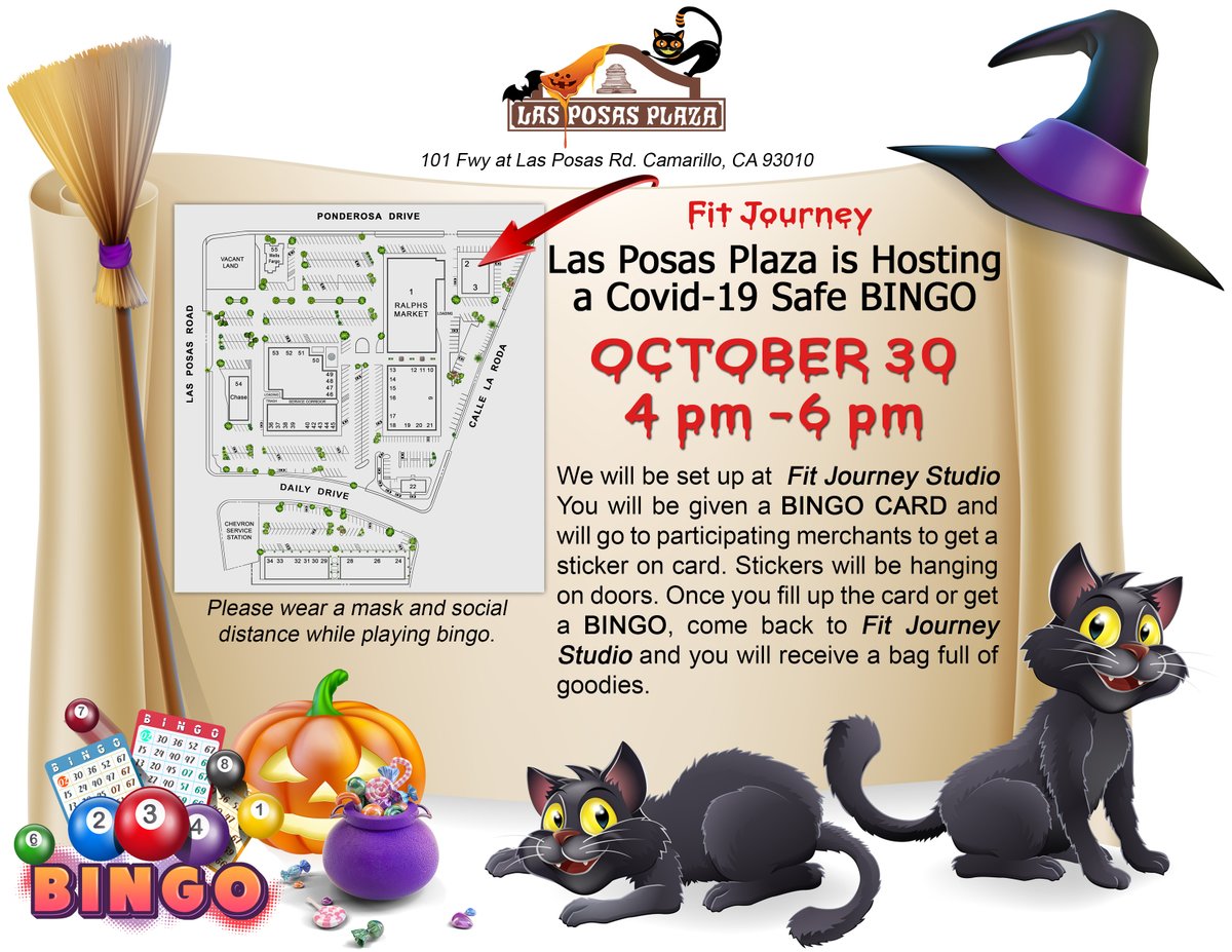 PosasLas's tweet image. Halloween is almost here. We will be hosting a Halloween Bingo event that is Covid-19 safe here at the Las Posas Plaza. Dress up in your Halloween Costumes and bring your masks.