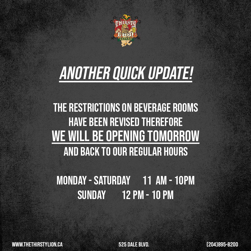 thirstylionwpg's tweet photo. Didn't know we would be back this fast! 🍻 Another quick update from The Thirsty Lion! (I guess you can say we took a quick Government mandated holiday 😅) https://t.co/9gctinaYhV