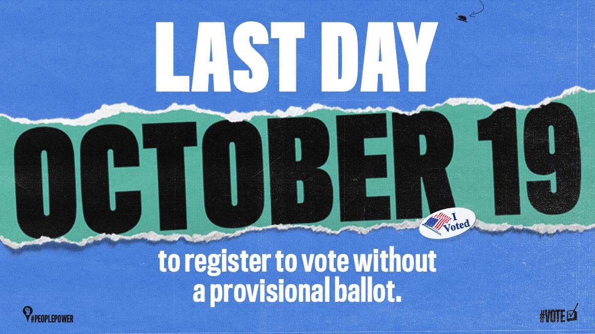 CalEndow's tweet photo. Today is THE LAST day to register to #Vote and not need a provisional ballot.

The #2020Election ends November 3rd. Avoid last minute paperwork and additional hoops to jump through. Check your voter status now! 👇 👇 👇

https://t.co/6vM1sTjEIR https://t.co/xNk7Bl2HR1