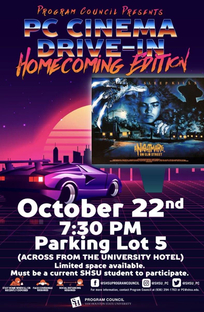 We are excited to announce PC Cinema Drive-In: Homecoming Edition!! Join us October 22nd, THIS THURSDAY at 7:30 PM for our drive in viewing of A Nightmare On Elm Street! We’ll be in Parking Lot 5 (across from the University Hotel) There is no registration required for this event!