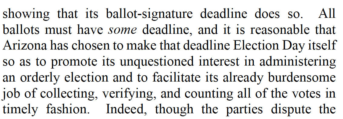 9th Cir., rejecting a district court’s order that required Arizona to allow early voters to cure a signature problem up to five days after Election Day. 11/ https://www.dropbox.com/s/rb0gjh1ewficp1s/Arizona%20Dem%20Party%20v.%20Hobbs--9th%20Cir.pdf?dl=0