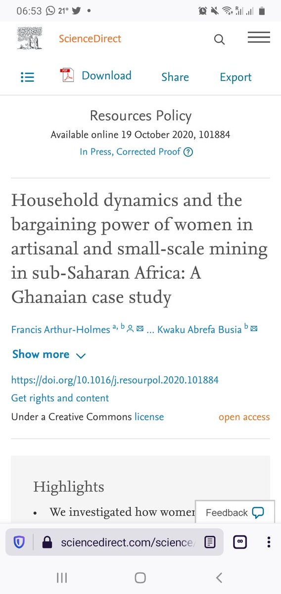 Second paper from My Oxford MPhil thesis is co-authored with Kwaku Abrefa Busia.This paper is the first to explore the household dynamics and the bargaining power of women in artisanal and small-scale mining. It is an open access, have a read  doi.org/10.1016/j.reso…
