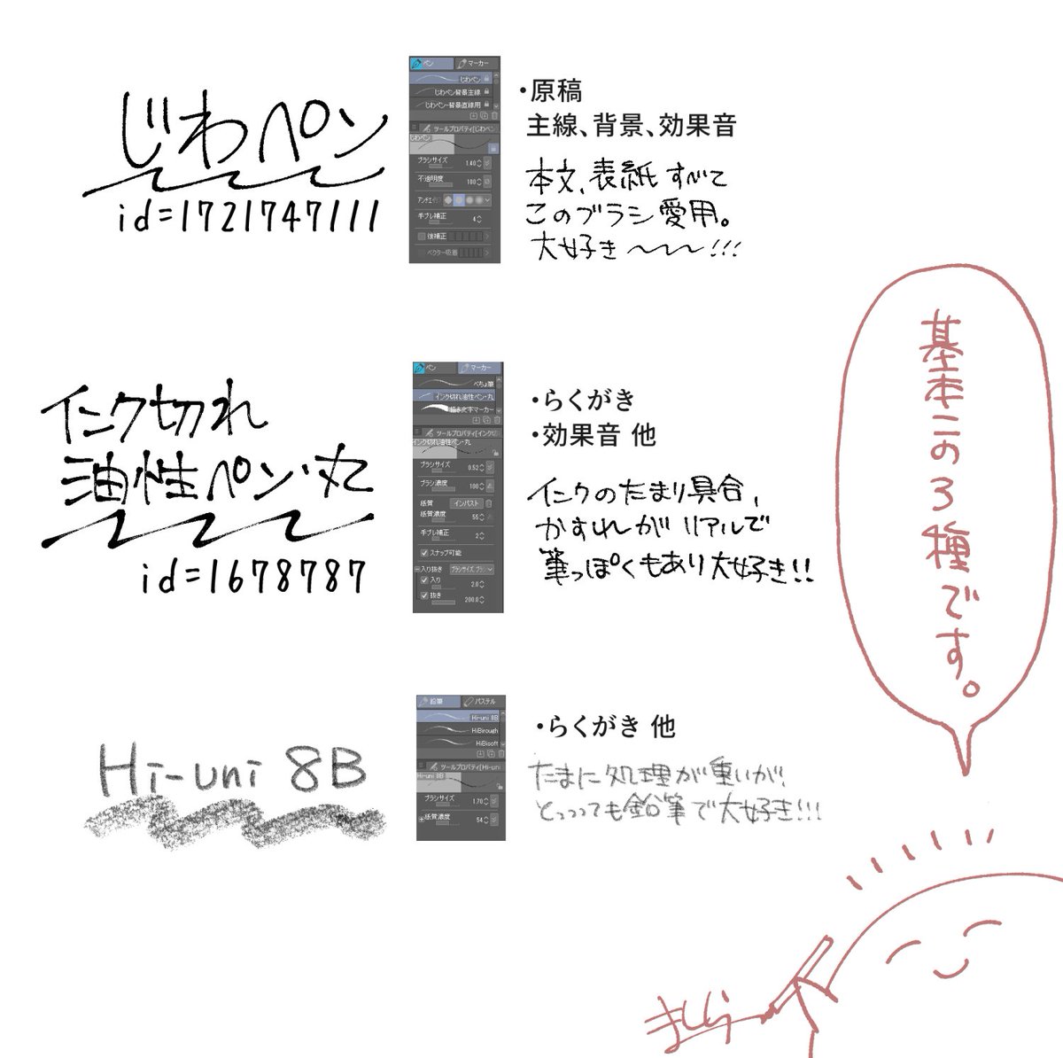 ﾏｼﾗﾐﾔ A Twitter クリスタで使用してるブラシはなんですかって質問いただけたのが嬉しくて メインで使用してるブラシを簡単に紹介 モノクロ 下書き用 色塗りは 色分けする エアブラシでグラデーションつける 乗算で影つける オーバーレイでテクスチャ乗せてる