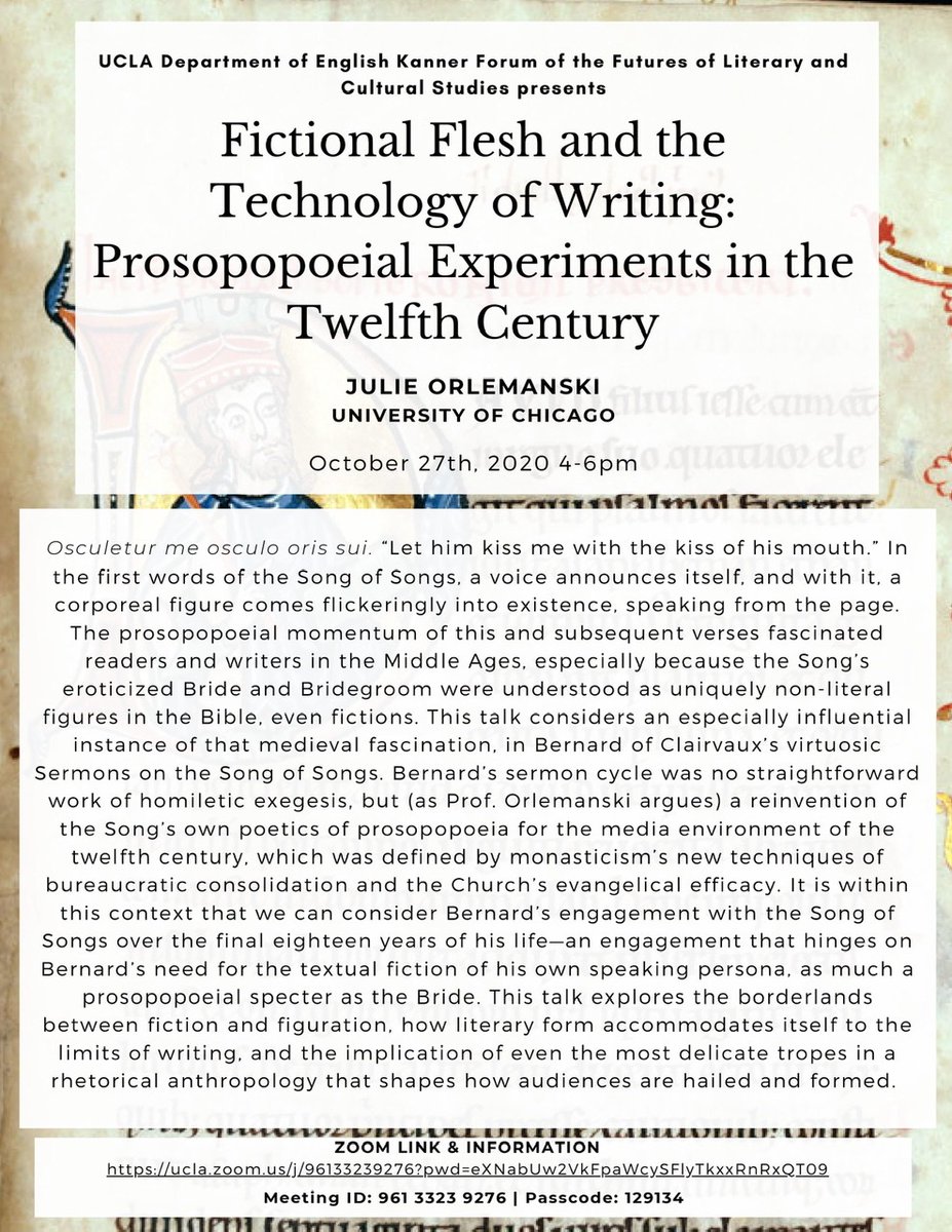 julieorlemanski's tweet photo. #medievaltwitter, I'm excited to be giving a public talk hosted by @UCLAenglish on Tues, Oct 27th, part of the Kanner Forum on the Futures of Literary and Cultural Studies. Zoom info on flyer; 4-6pm PDT (so, 6-8 Chicago-time etc). Bernard of Clairvaux, prosopopoeia, wheeee https://t.co/CYrEHTQHsr