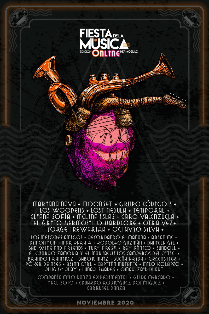 Todo noviembre se llevará a cabo la edición online de la #FiestaDeLaMúsicaHMO

Habrá Lives y cápsulas de músicos y artistas de otras disciplinas. 🎻🎹🎺🥁🎸

Denle like a la página para que no se pierdan nada: facebook.com/fiestadelamusi…