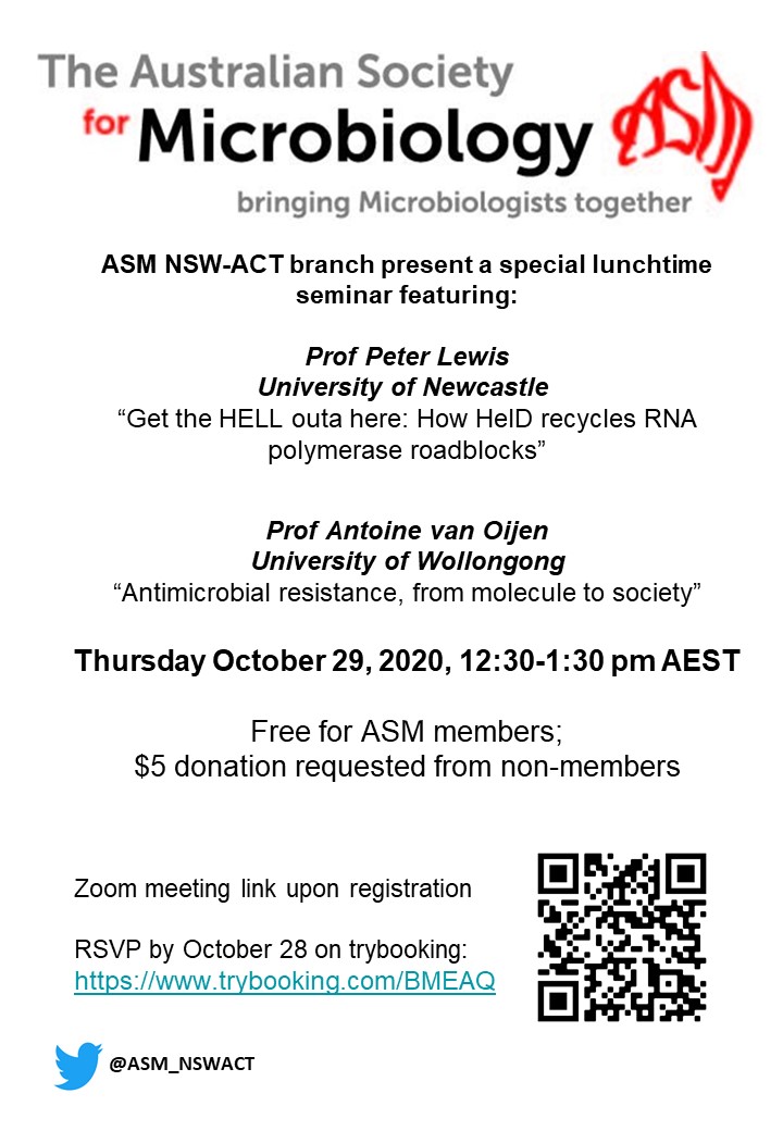 Join us to hear from @van__Oijen @uowresearch @MolHorizons  and Peter Lewis @UON_research about their research focus on antimicrobial resistance. Zoom meeting link upon registration. RSVP by October 28 on trybooking: trybooking.com/BMEAQ