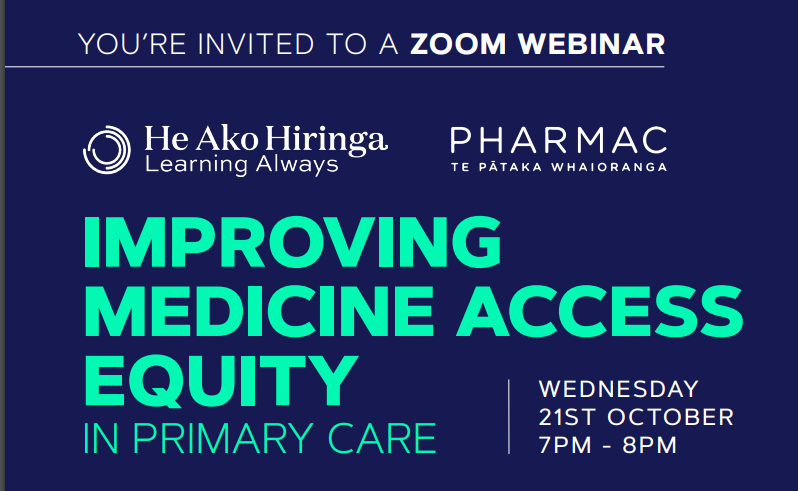 PHARMAC &amp; <a href="/HeAkoHiringa/">He Ako Hiringa</a> are running a webinar to raise awareness of medicine access equity in primary care featuring PHARMAC's Manager of Access Equity Sandy Bhawan &amp; Dr Emily Gill, GP at Te Kaha Medical Centre &amp; <a href="/AucklandUni/">University of Auckland | Waipapa Taumata Rau</a> lecturer.

Register: bit.ly/31AZmzR

<a href="/HQSCNZ/">Te Tāhū Hauora Health Quality & Safety Commission</a>