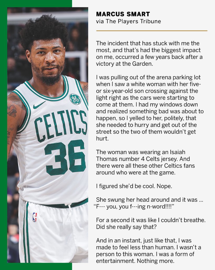ESPNNBA's tweet photo. "I wasn't a person to this woman. I was a form of entertainment. Nothing more."

—@smart_MS3 recounts an interaction with a Celtics fan and shares his thoughts on the country's future (via @PlayersTribune) https://t.co/Z7XgN3vDoT