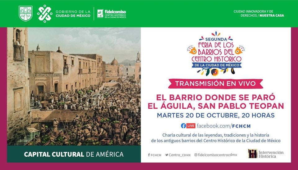 #FeriaDeLosBarrios2020

Mañana a las 20:00 horas no te pierdas del #podcast <a href="/legendariamx/">@LegendariaMx</a> en donde <a href="/IntervencionHi1/">Intervencion Historica</a> nos estará hablando acerca del barrio de Teopan, lugar donde se paró el águila.

👉 A través de nuestro #FacebookLive