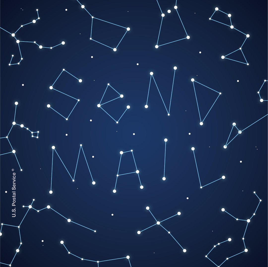 Mycroft_Masada's tweet image. The @USPS’ artwork of a sky full of constellations, with the ones in the middle spelling “SEND MAIL”. On Facebook captioned “Don’t take it from us… it’s written in the stars. 🌟”  #SaveTheUSPS #SaveThePostalService #SaveThePostOffice #DontMessWithTheUSPS 🦅🏤🌌