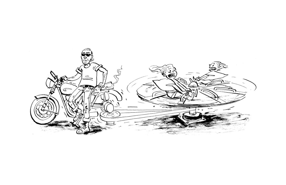 #inktober day 18: Dizzy.

It may look like he has the bike in reverse but actually there are more gears hidden behind the belt section. Yes, this was entirely deliberate. 👀