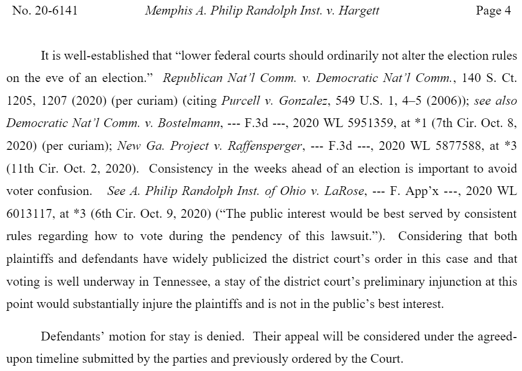 6th Circuit denies motion to stay injunction, noting that TN waited too long to seek a stay!

Upshot: First-time TN voters who registered to vote by mail or online can vote absentee this Fall, if otherwise eligible.

<a href="/CampaignLegal/">Campaign Legal Center</a> <a href="/LawyersComm/">Lawyers' Committee for Civil Rights Under Law</a> @srvhlaw <a href="/EquityAlliance1/">The Equity Alliance</a> <a href="/NaacpTn/">TN NAACP</a>