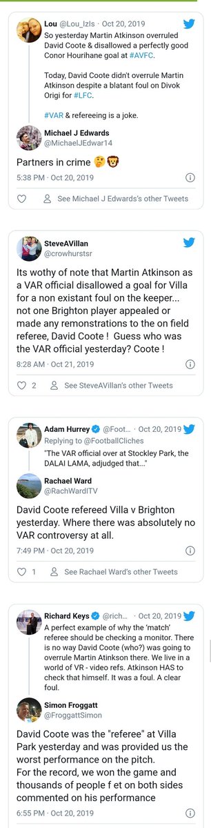 It appears Coote also has history at Brighton, disallowing a perfectly good goal for Aston Villa at the Seagulls home ground.The next day saw the Utd vs Liverpool match where the Origi foul occurred. The decision even caused Richard Keys to wade in, and he hates Liverpool!