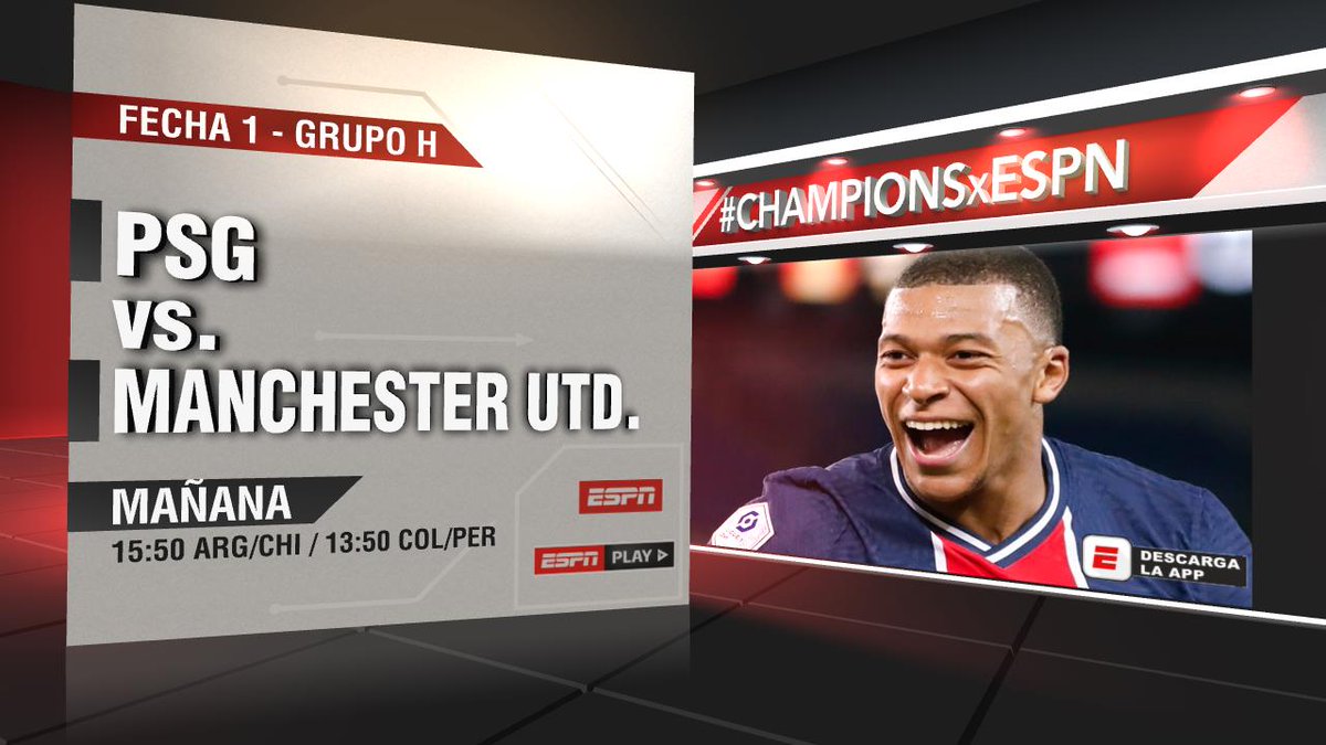 SC_ESPN's tweet photo. DUELO DE PESOS PESADOS: te esperamos mañana con PSG vs. Manchester United en el inicio de la Fase de Grupos de la #CHAMPIONSxESPN. https://t.co/9sCVzVvRrb