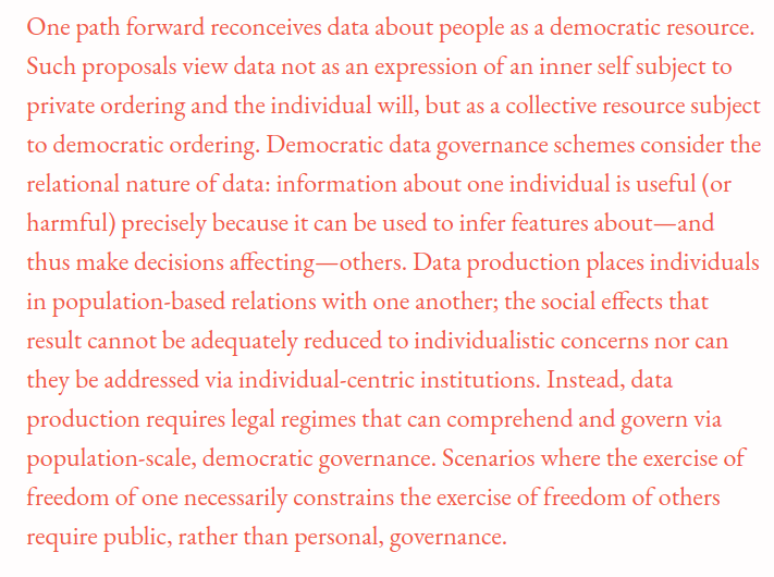 First, Salome Viljoen on the awkwardness of trying to force information into the framework of individual private property, and why information naturally lends itself to collective forms of governance  https://phenomenalworld.org/analysis/data-as-property