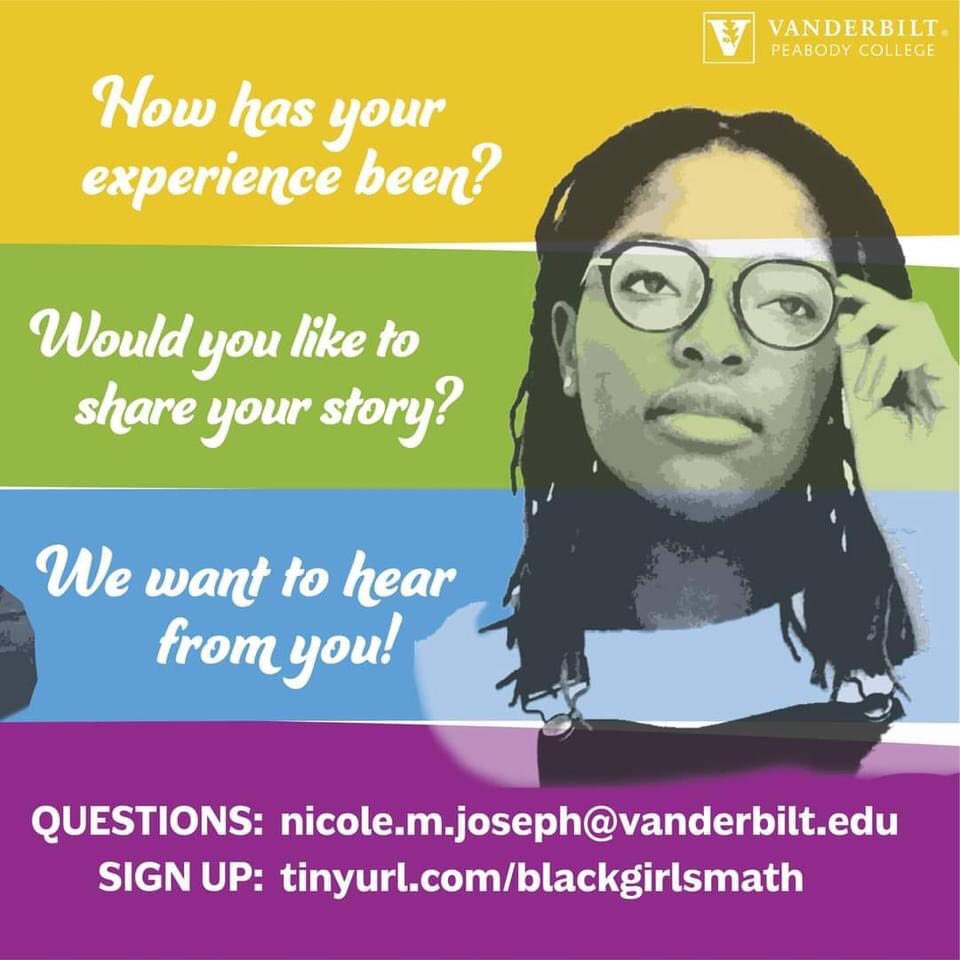 New study alert! I’m recruiting Black girls! Please fill out this brief form if YOU,  your daughter, or other Black girls are interested: tinyurl.com/blackgirlsmath. Please share this link/ picture with anyone you know. Thank you!! <a href="/vupeabody/">Peabody College</a> <a href="/douglas_ashli/">Ashli-Ann Douglas</a>