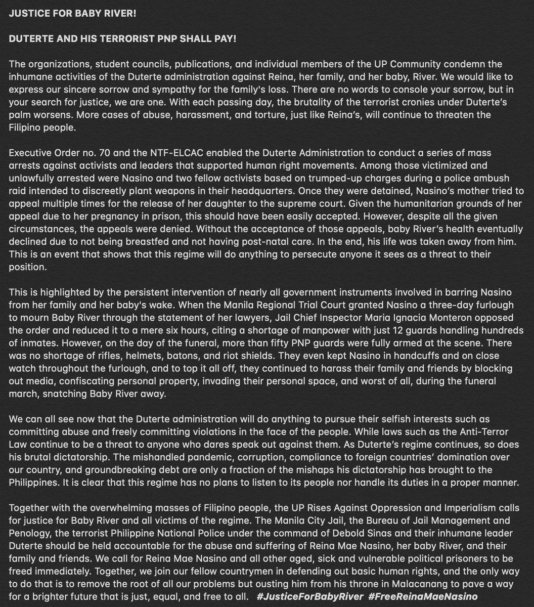 The injustices of the Duterte administration against the human rights activist Reina Mae Nasino and her baby River show that this regime will do anything to cement their dictatorship in history.

(Full statement on the following photo)

#JusticeForBabyRiver #FreeReinaMaeNacino