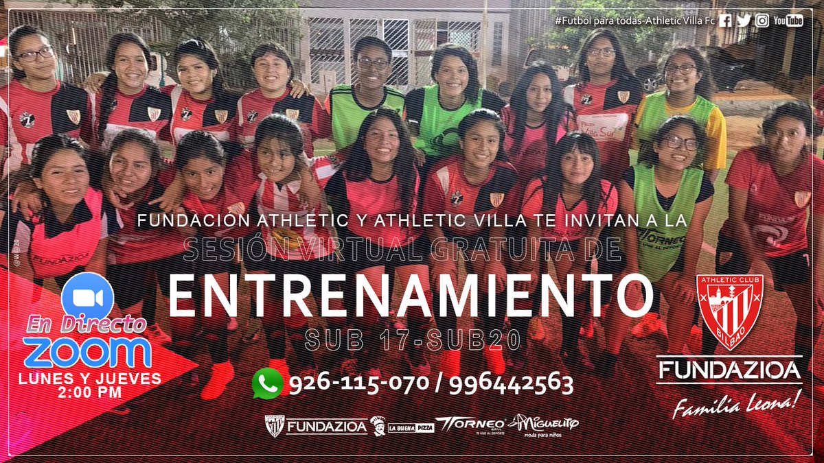 CONVOCATORIA A ENTRENAMIENTO VIRTUALES GRATUITOS SUB 17 y SUB 20💪🏃‍♀️🏋️‍♀️⚽️
Athletic Villa Fc y la Fundazioa Athletic mas unidos que nunca,llevaran a cabo  2 Entrenamientos Virtuales Gratuitos a la semana, buscando fortalecer el desarrollo del futbol femenino en Villa el salvador .