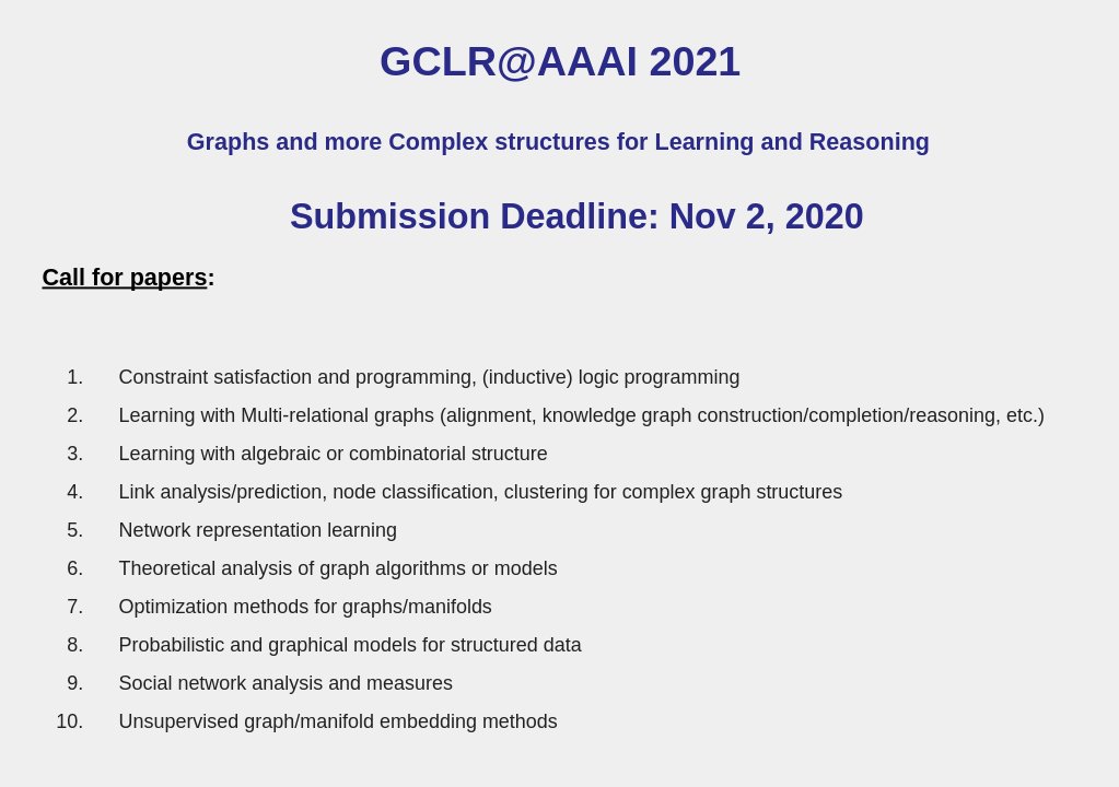 Excited to announce Graphs &amp; more Complex structures for Learning and Reasoning workshop at AAAI-21 <a href="/RealAAAI/">AAAI</a> is open for submissions

2 weeks to go for submission deadline. 
More details at bit.ly/gclr2021

<a href="/ravi_iitm/">Balaraman Ravindran</a> <a href="/sarikajalan9/">sarika jalan</a> <a href="/Sriraam_UTD/">Sriraam Natarajan</a> <a href="/kerstingAIML/">Kristian Kersting</a> <a href="/partha_p_t/">Partha Talukdar</a>