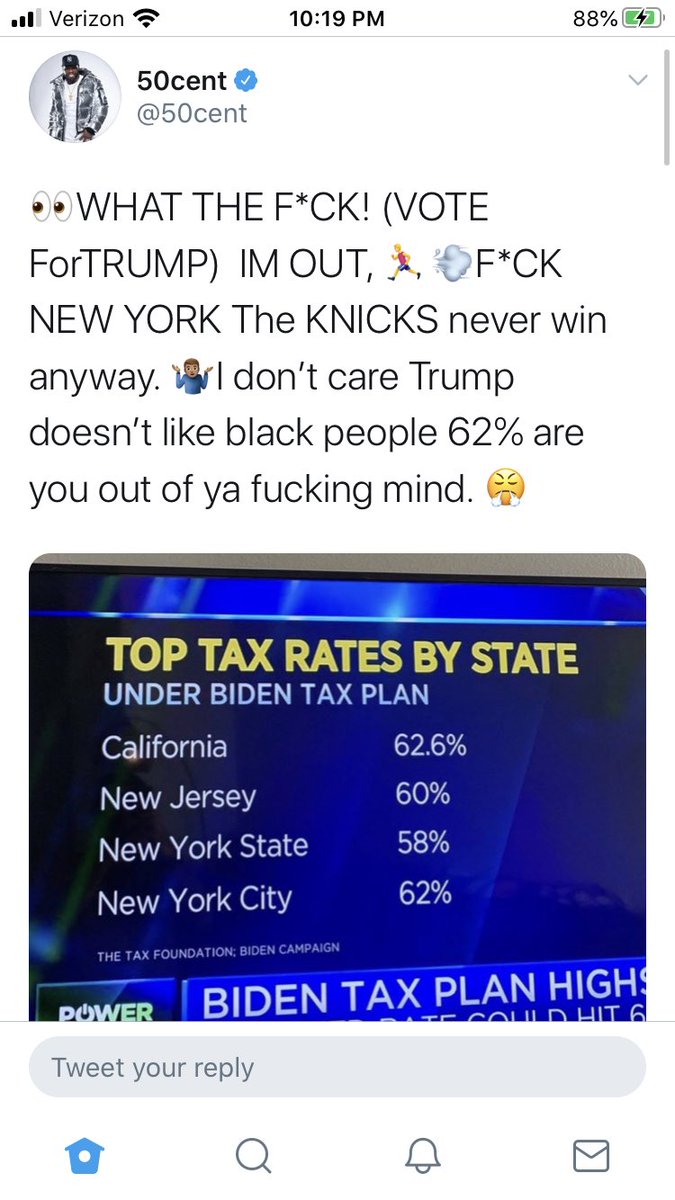 hahnalytics's tweet image. And what @50cent shared is a total lie. Biden’s proposal is to restore top rate to 2017 level which was 39.6%. 

Whoever created that graphic added in state and local tax rates (Biden has no control) which is dishonest and deceptive.