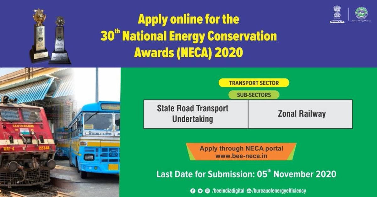 The transport sector accounts for 18% of the total energy consumption in India and has great potential for #energyefficiency. Exceptional performance in energy efficiency in the Transport sector category will be awarded in the 30th National Energy Conservation Awards 2020. https://t.co/rlv6GcSqVz