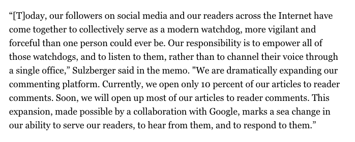 Also, the idea that random people on Twitter are going to extract accountability from a newsroom -- as Arthur Sulzberger Jr said at the time -- was ludicrous in 2017, and it's more so now.