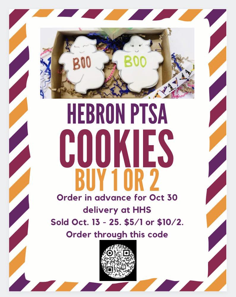 Hebron PTSA along with Royal Cookie Jar is selling “BOO” cookies.  Order through the link below or use the QR code.  All cookies will be available for pick up outside the cafeteria entrance Oct 30! Order Now!!  All orders must be placed by 10/25.
checkout.square.site/buy/QOSEWUZLZY…