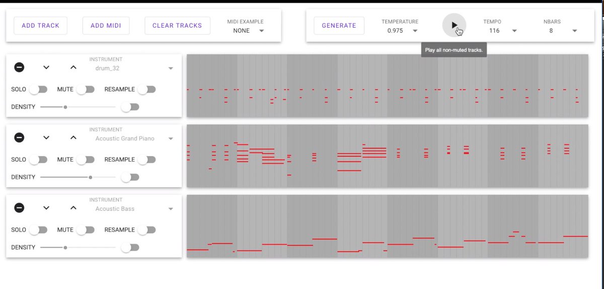 dadabots's tweet photo. Totally bad ass work by Jeff Ens and @monobor https://t.co/bIhmQvsgQo Multitrack MIDI generator trained with @Huggingface GPT2, 2048-token attention, comparing multiple representations (something we're considering with #dadagp). https://t.co/QBgolYWQe4