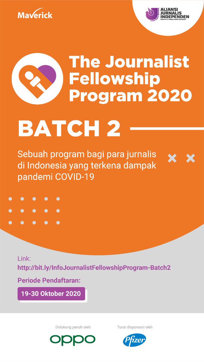 AJIIndonesia's tweet photo. Maverick Indonesia &amp; AJI kembali berkolaborasi untuk membantu rekan jurnalis yg terkena dampak efisiensi akibat pandemi COVID-19 dgn mengadakan Journalist Fellowship Program 2020 - Batch 2.
Untuk informasi persyaratan dan pendaftaran, silakan kunjungi: https://t.co/nZdRewM0ji https://t.co/kc9va1UzYk
