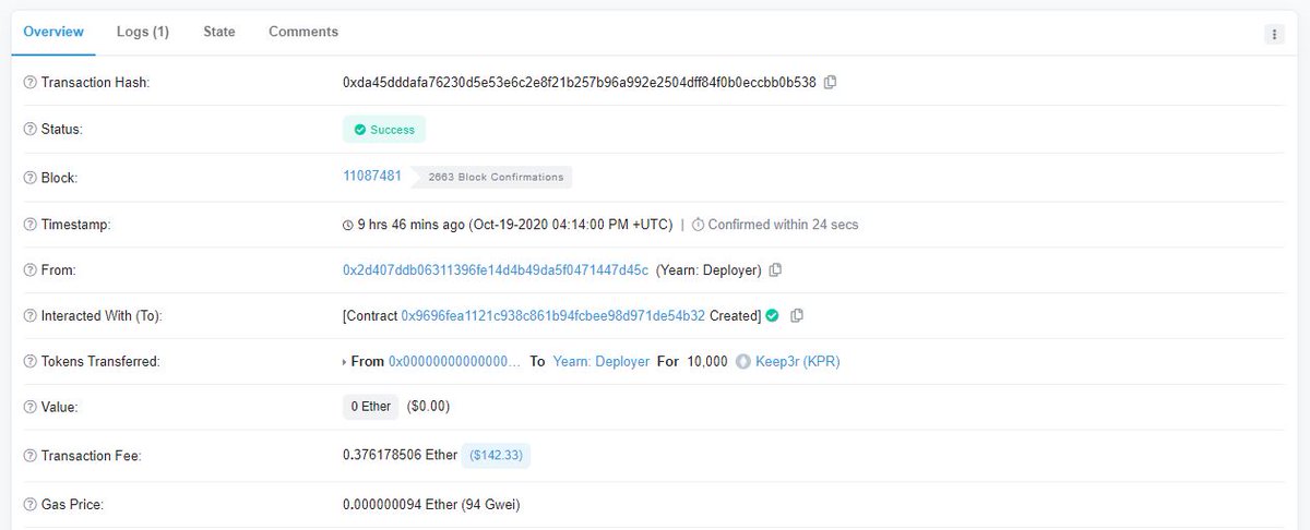 10 hours ago, Yearn Deployer (Andre's address as marked by Etherscan) created a new contract pertaining to a new token called Keep3r (KPR).Seen below is the first transaction pertaining to KPR. It was a contract creation event.