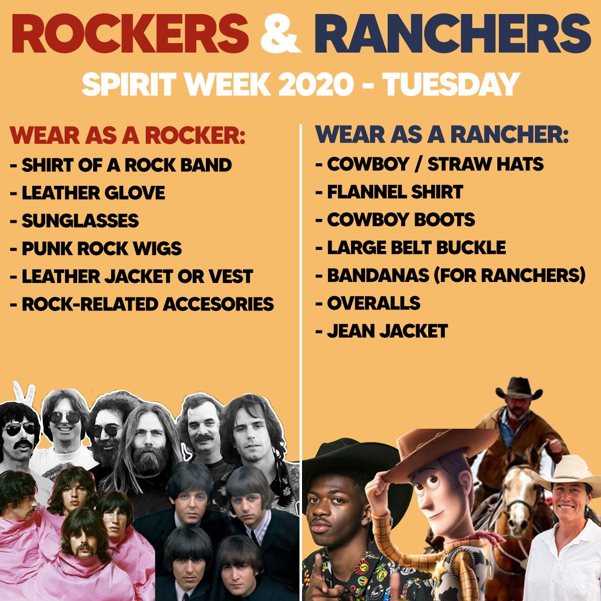 MittySA's tweet photo. Tomorrow is Day #2 of Spirit Week and we’re looking for Rockers &amp; Ranchers on Zoom! Dress up and gain points for your class. https://t.co/gqaaK3Vfpb