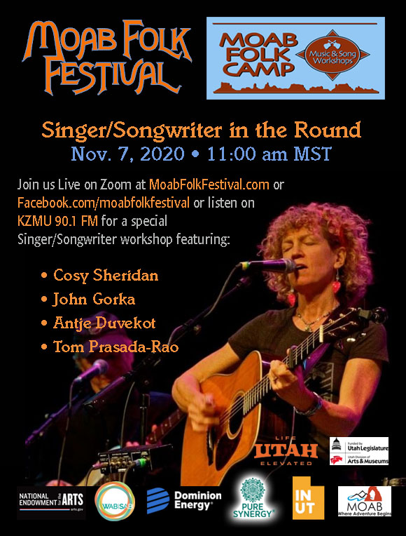 Virtual @MoabFolk LIVE Singer-Songwriter in the round with Cosy Sheridan @johngorka @antjeduvekot @tomprasadarao 11 AM MST moabfolkfestival.com KZMU FM 90.1 and 106.7 and YouTube