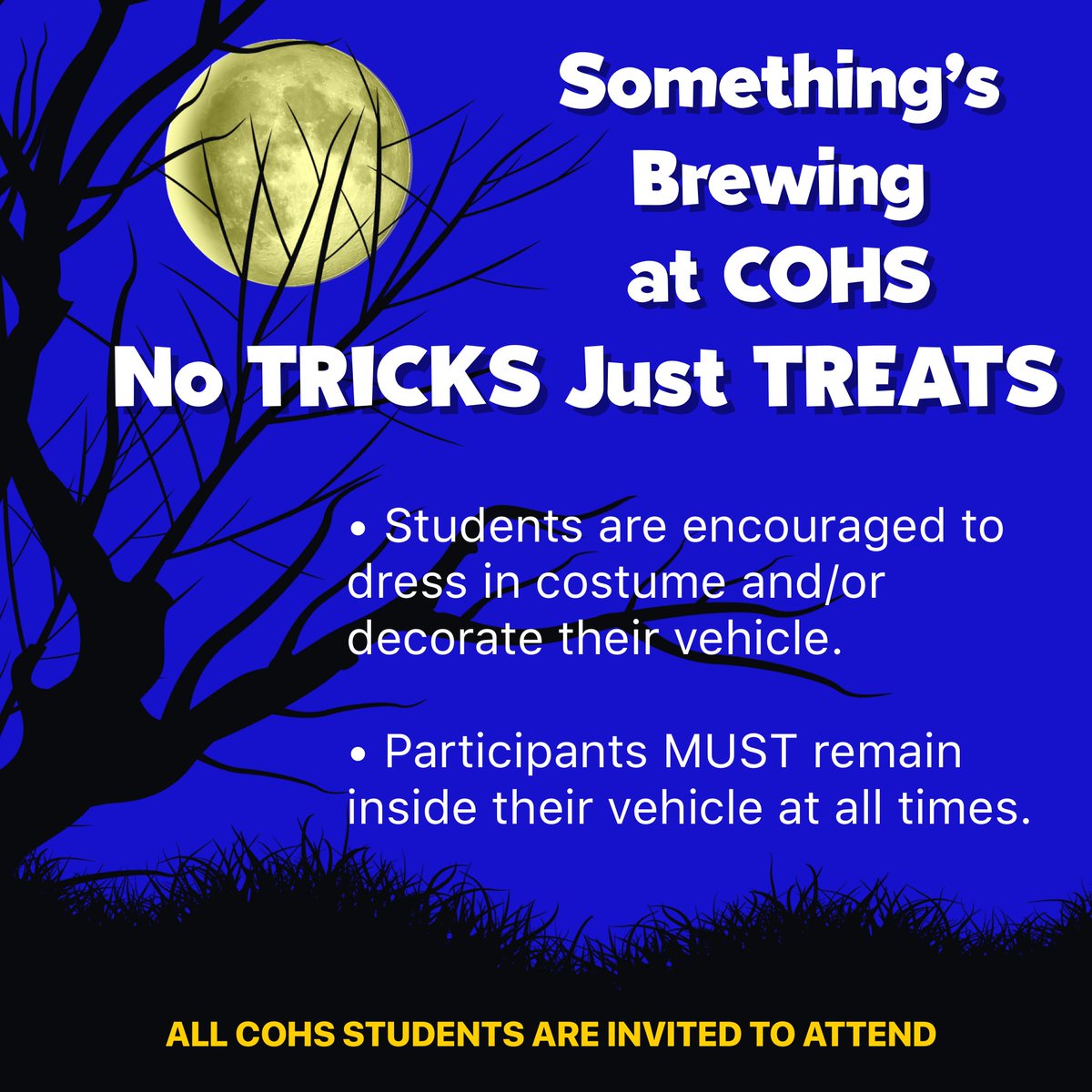 Check out what’s brewing at COHS.  All COHS students are invited to No TRICKS Just TREATS! 💙💛