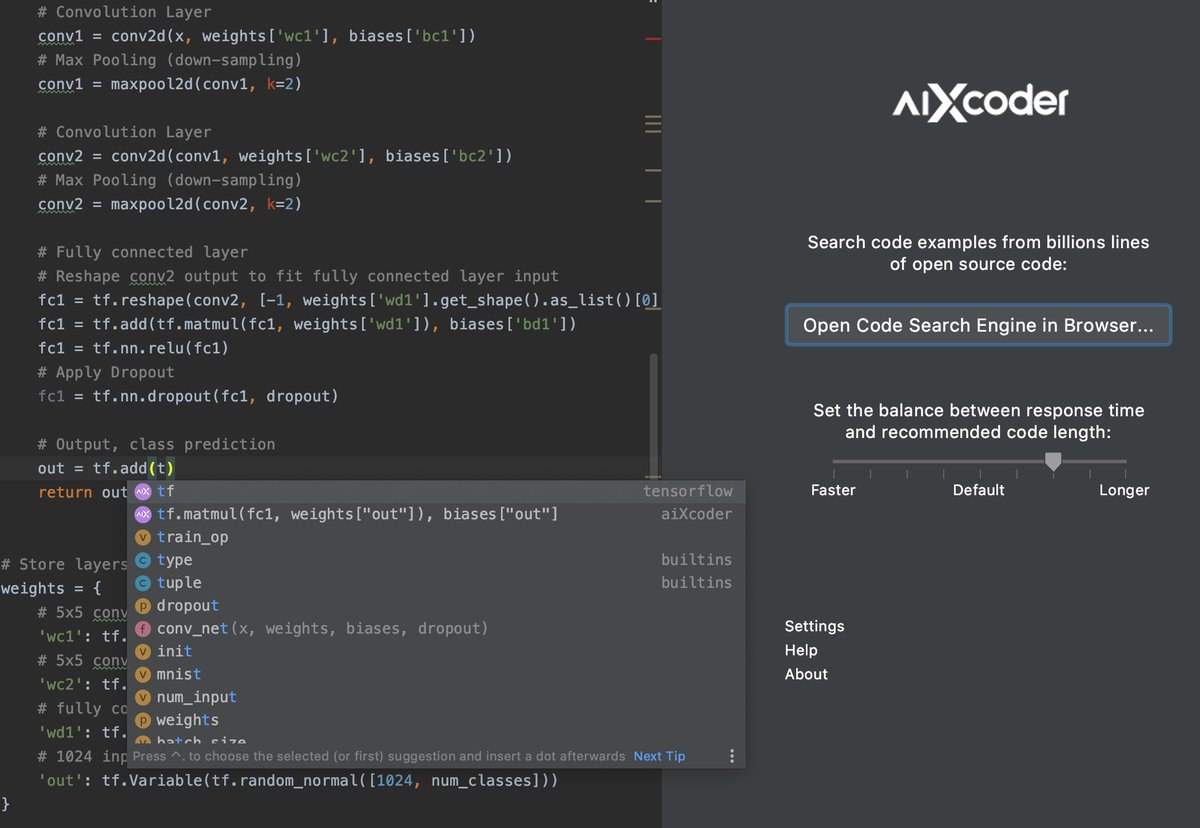 AiXcoder's tweet image. Is aiXcoder only good for general python code? No, aiXcoder achieved an even better result on a program written for TensorFlow. Because aiXcoder knows the patterns in deep neural networks.
Code completion video is here: youtu.be/gdFqvjtr6h0