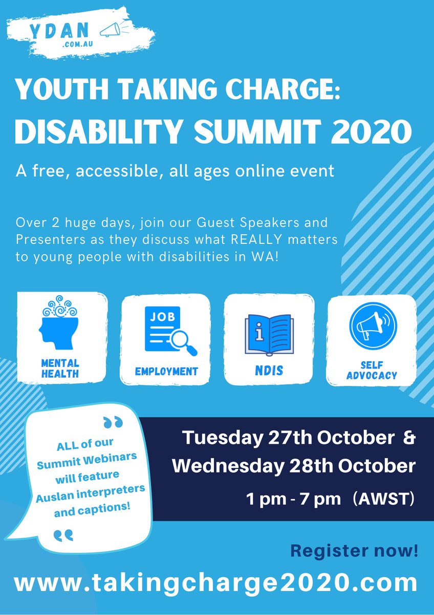 Get involved! @YDANWA's Youth Taking Charge: #Disability Summit 2020 is Tue 27–Wed 28 Oct. Catherine McAlpine will discuss the Everyone Can Work resources that'll help people navigate employment systems on Tues @ 9.10pm (AEDT)/6.10pm (AWST). Register: bit.ly/2T6Vv8X