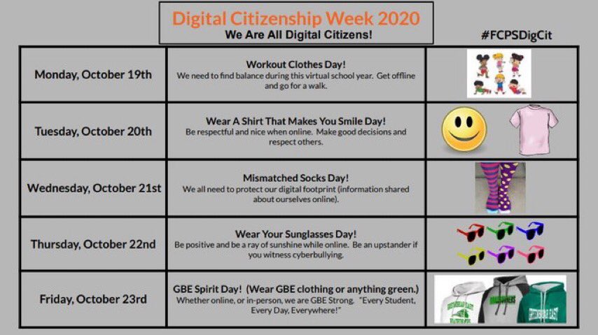 gbefcps's tweet photo. Tuesday, October 20th is, “Wear a shirt that makes you smile day!”  Let’s remember to be nice and respectful while online!  #fcpsdigcit #GBEstrong https://t.co/KP2xhl4jaA