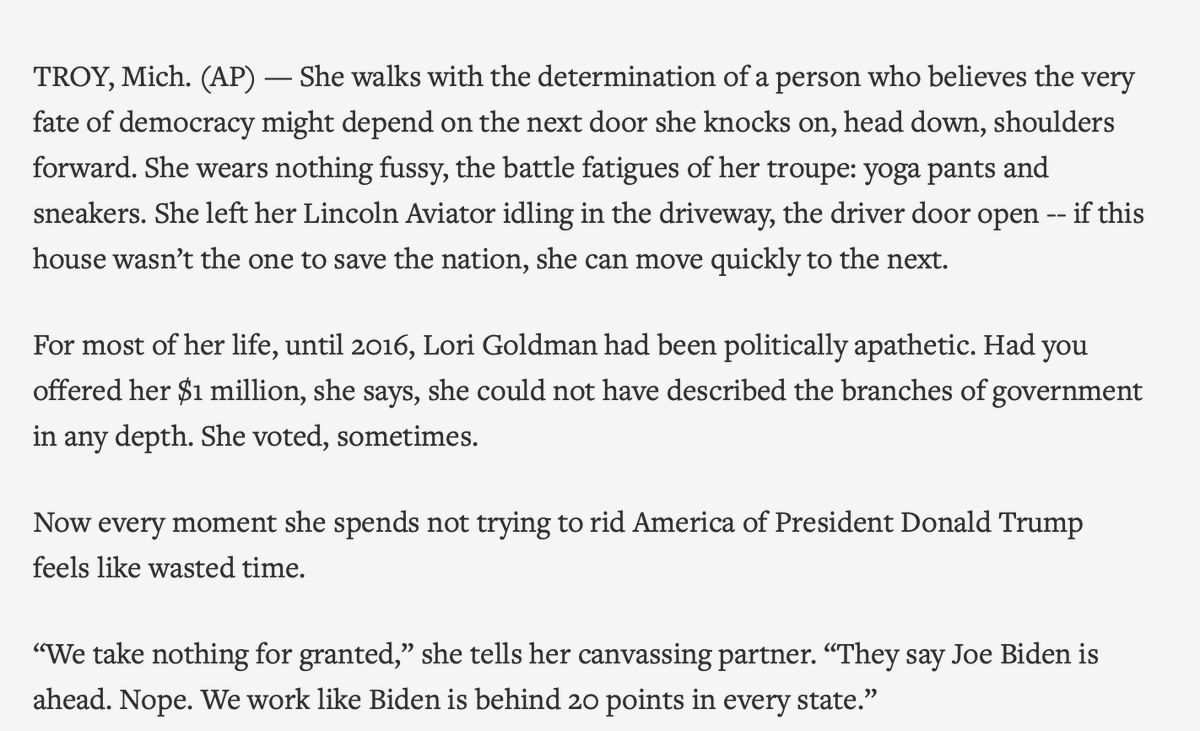 Another day, another account that recognizes the suburban women actively remaking the political landscape around them  https://apnews.com/article/suburban-women-trump-biden-michigan-6e0e7217e86929c46f729c4127341340