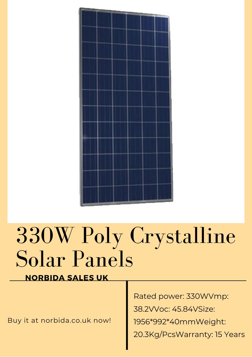 NEW PRODUCT ALERT!

330W Poly Crystalline Solar Panels
Available at our online store. Visit norbida.co.uk and place your orders now!
Experience #lowcost and #cheapelectricity Choose #solar
#SolarProducts #renewableenergy #powergeneration #thrifting #onlineshop #website