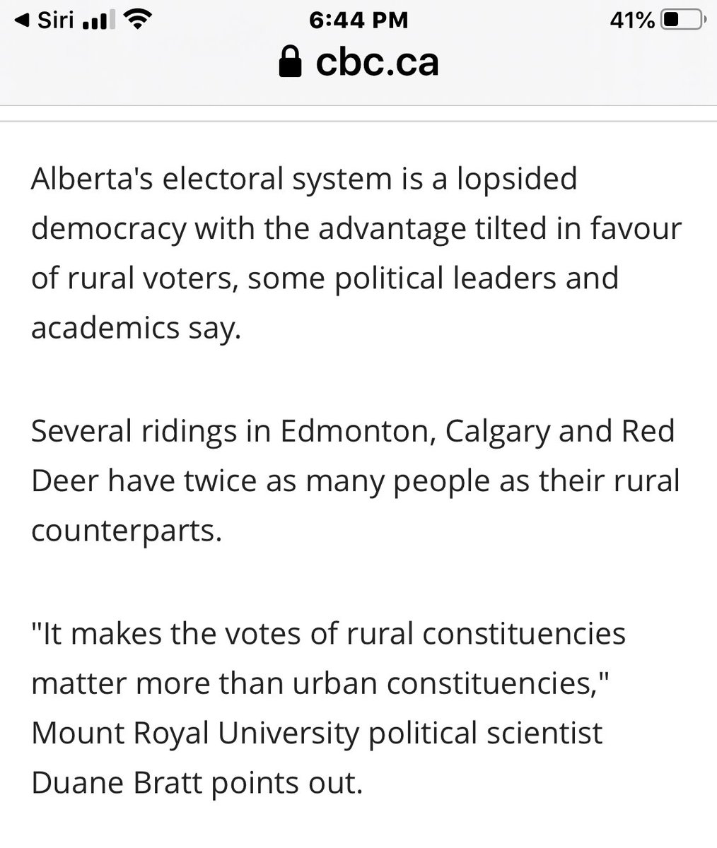 AB political riding’s overwhelmingly benefit rural Alberta. Yet 80% of the population is urban. That’s gerrymandering, whether you and others want to acknowledge it or not. Obvious by reading this article.  https://www.cbc.ca/news/canada/edmonton/alberta-ridings-elections-commission-votes-boundaries-1.3978801