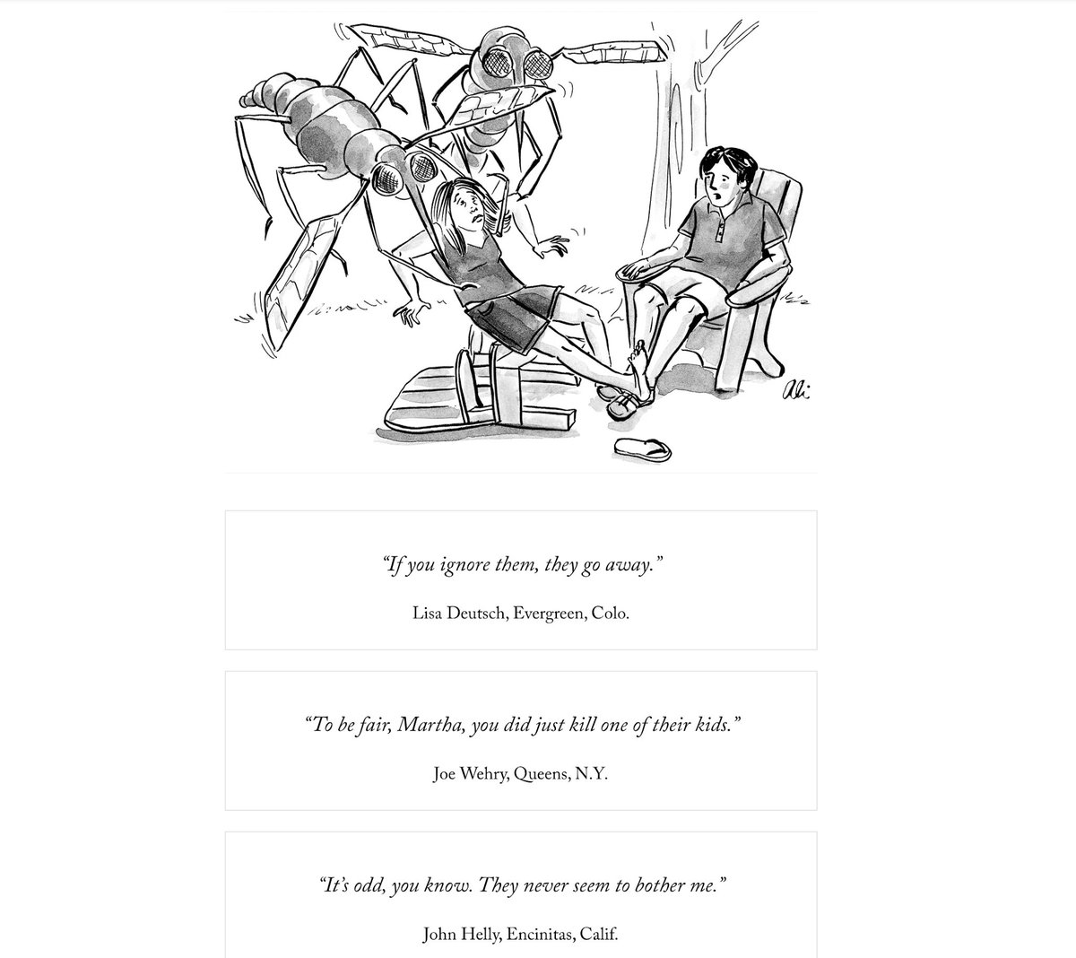 doc_nad's tweet photo. And the winning caption is...
My Entry in The New Yorker Cartoon Caption Contest #726 https://t.co/lVqdOcxDN2 #AliSolomon #Mosquito #TheNewYorker #Cartoon #CaptionContest https://t.co/xA6VZETjDm