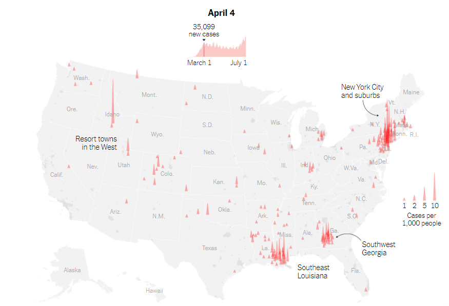 Here's what the spring outbreak looked like in terms of case burden. Very bad in NYC/NJ/CT, bad in Detroit, ATL, NOLA.But imposition of social distancing slowed down spread before it exploded elsewhere.