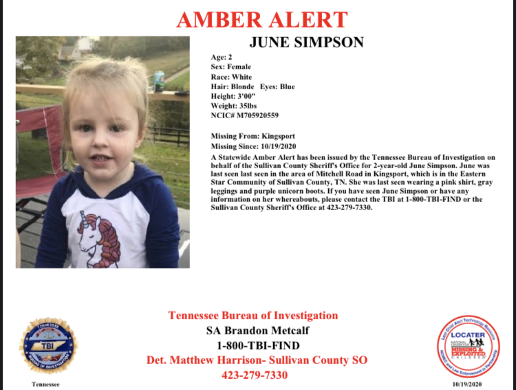 #TNAMBERAlert: We need your help to find 2-year-old June Simpson, who is missing from Sullivan County. She was reportedly last seen this evening along Mitchell Road in Kingsport, which is located in the Eastern Star Community. If you have seen June, call 1-800-TBI-FIND!