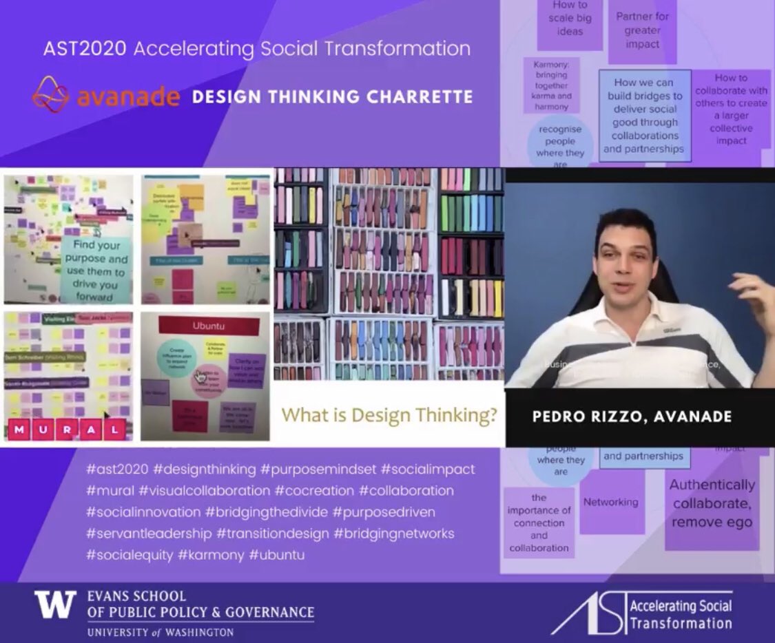 GenTremblaze's tweet photo. Imagineering w @Avanade's Maestro #PedroRizzo in our deep dive Design Thinking Charrette. Our #AST2020 cohort worked virtually in @MURAL like pros, co-creating draft visions for 50+ impact initiatives around the world. Such gratitude to the Avanade team @evansschool @AST_2018 https://t.co/8FJQqm23zN