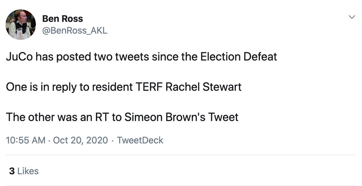 Here’s Ben, monitoring Judith Collins (nothing creepy about that). See how Ben deftly uses the word ’terf' to describe Rachel Stewart. Can you feel Ben’s bitterness? I can.  @SaturdayRNZ