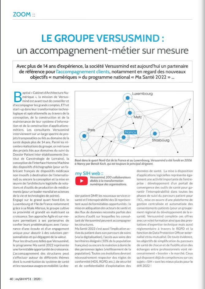 Nous sommes à l'honneur dans le magazine mySIH dans un article qui s’attache à décrire notre offre de service « Santé ». Une belle visibilité pour Versusmind et ses équipes !

Pour en savoir plus sur l'offre « Santé » de Versusmind, rendez-vous sur sante.versusmind.eu.