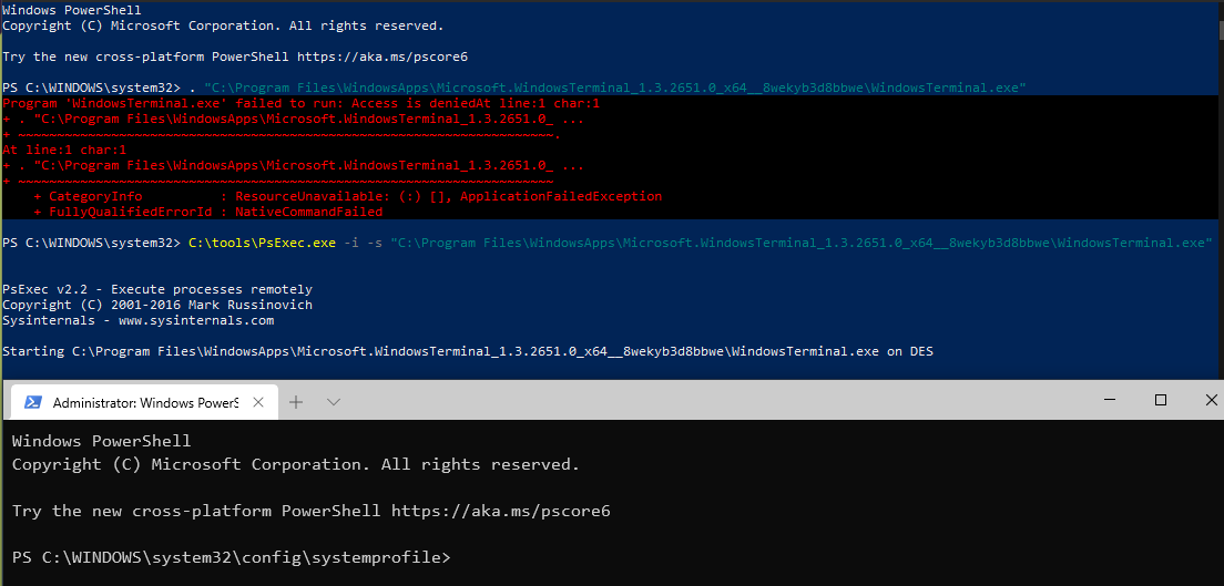 Reminder to self: if you cannot elevate WindowsTerminal from an account with admin rights, run it from within SYSTEM context