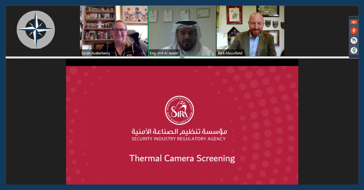 SyInstitute's tweet photo. Day 2 of our Virtual Conference Week is well ahead! This morning Eng. Arif Al Janahi CSyP, from SIRA, joined our co-hosts Rick Mounfield CSyP FSyI and Sarah Au CSyP, FSyI to discuss thermal screening technology during the Covid-19 pandemic. #SyIVirtualConf https://t.co/FcR7yKGHQm